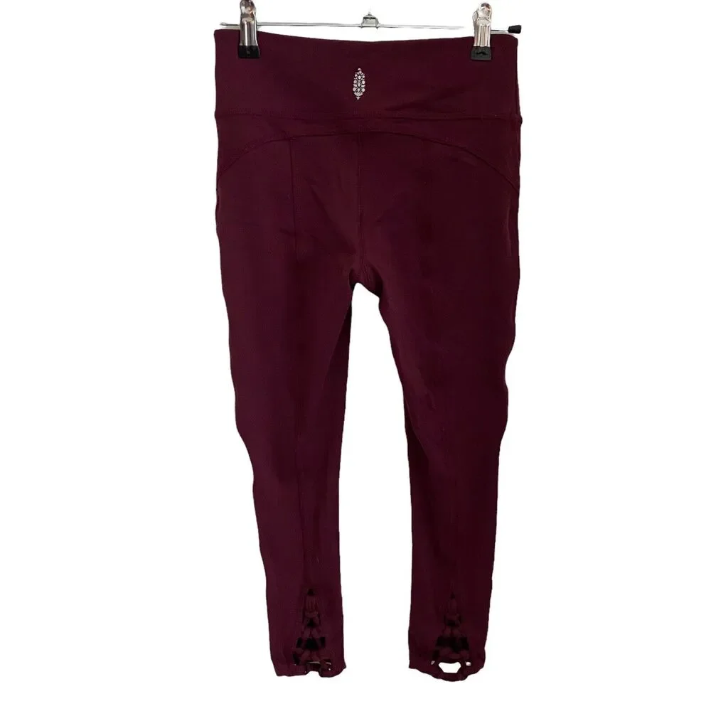 FP Movement XS Cropped Leggings Lace Up Back Maroon Free People